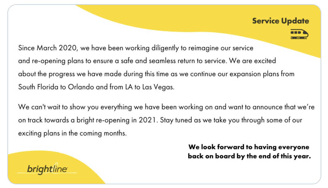Brightline is one step closer to its reopening plans.